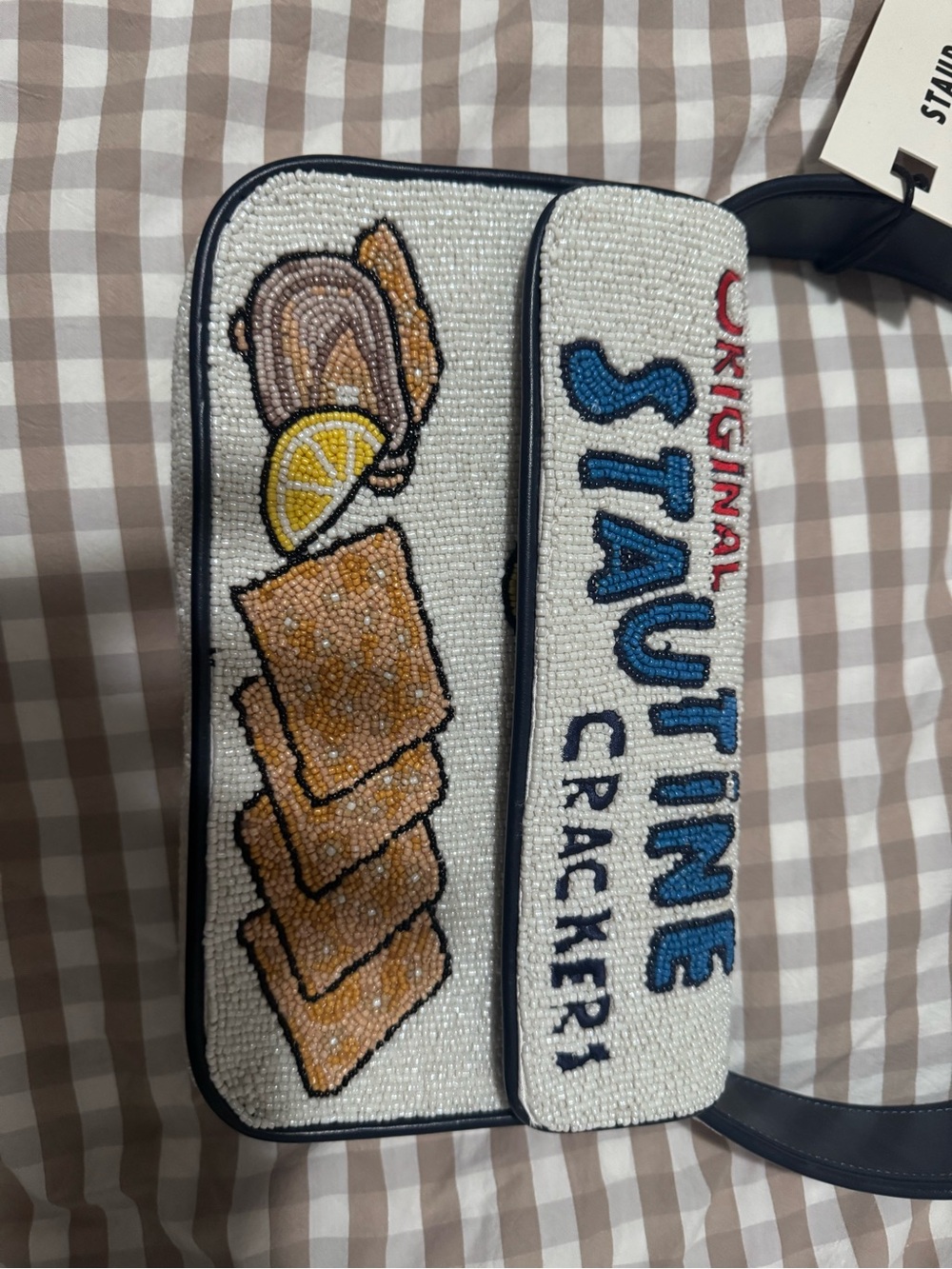 STAUD White Beaded "Stautine Crackers" Shoulder Bag with Blue Lettering - Picture 6 of 8